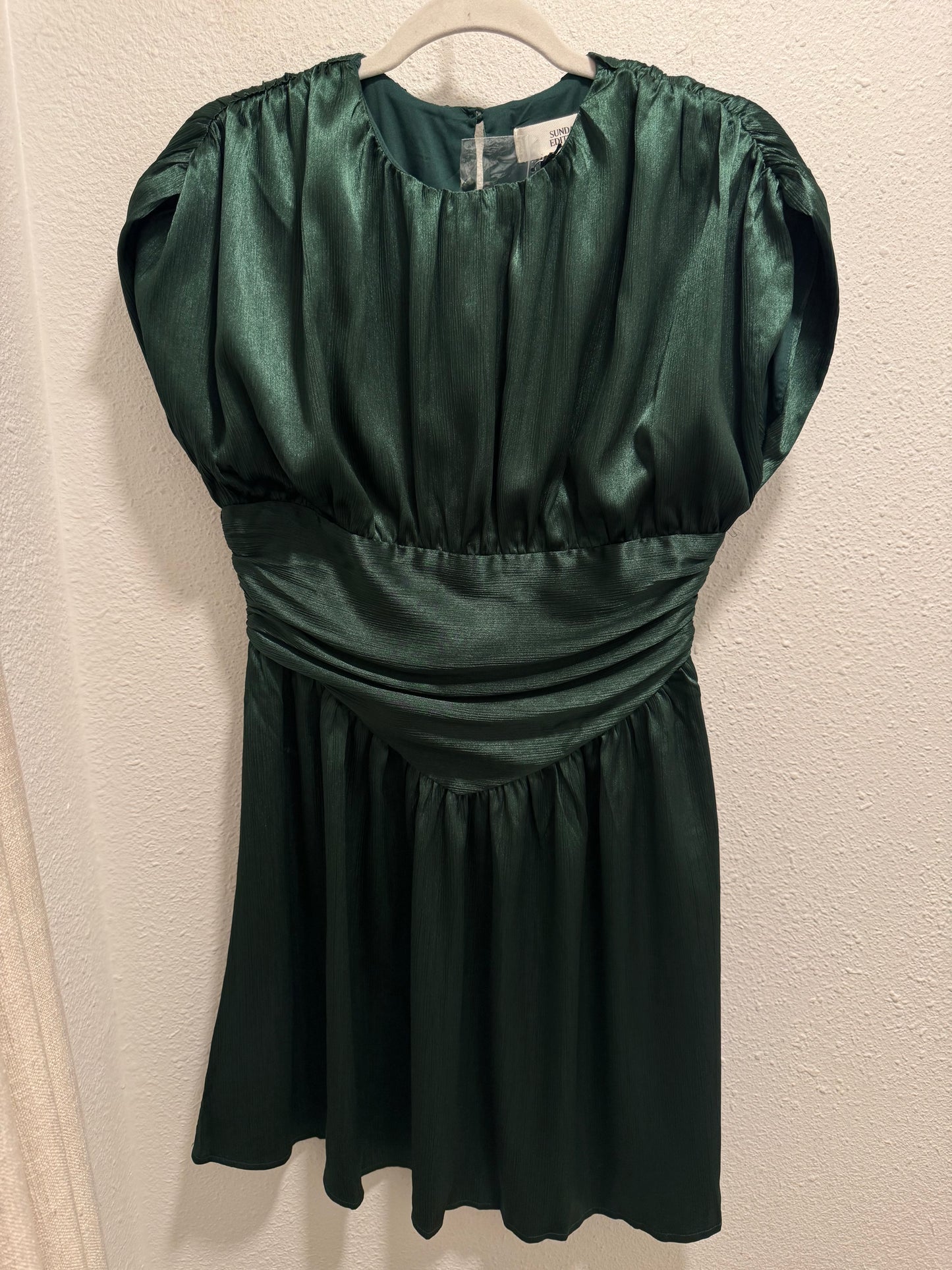 ROUND NECK SLEEVELESS SATIN RUCHED FIT & FLARE MINI DRESS