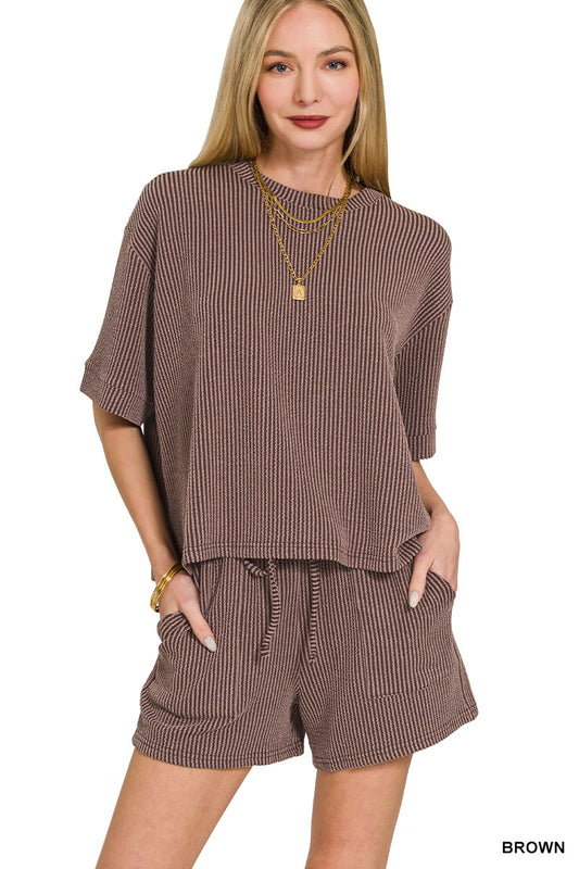 PUT TOGETHER EXCLUSIVE RIBBED SHORT SLEEVE TOP AND SHORT SET | ZENANA