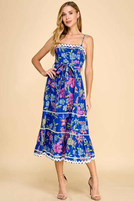 EMBROIDERED FLORAL PRINT RICRAC TRIM DRESS