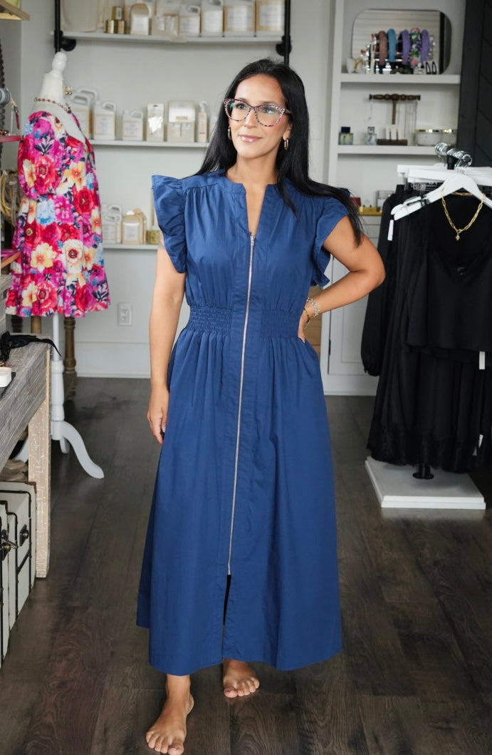 MIDI ZIP UP DRESS | NAVY