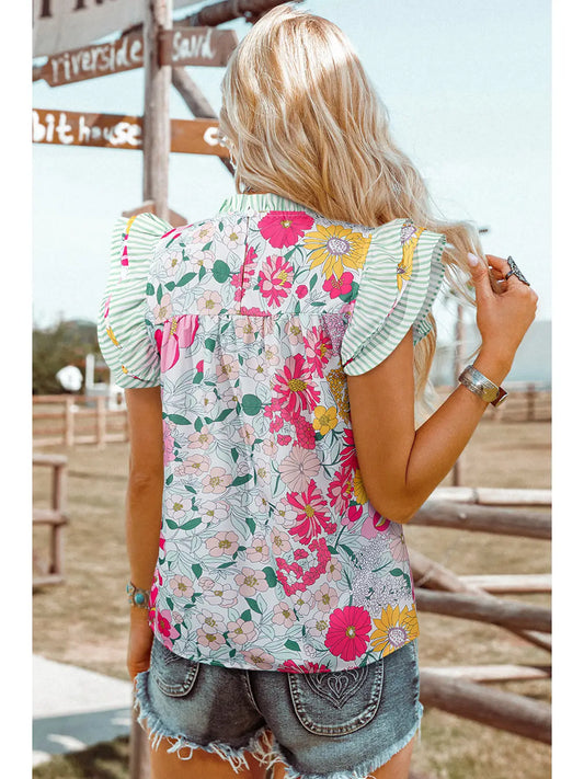 FLORAL PRINT | RUFFLE TRIM SHORT SLEEVE BLOUSE