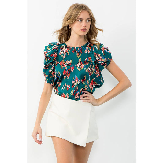 Ruffle Detail Teal Puff Sleeve Top with Abstract Print