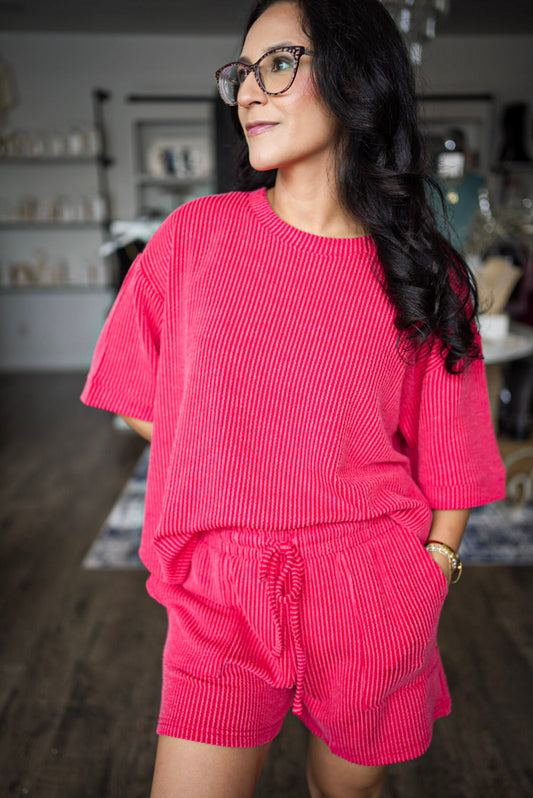 PUT TOGETHER EXCLUSIVE RIBBED SHORT SLEEVE TOP AND SHORT SET | ZENANA