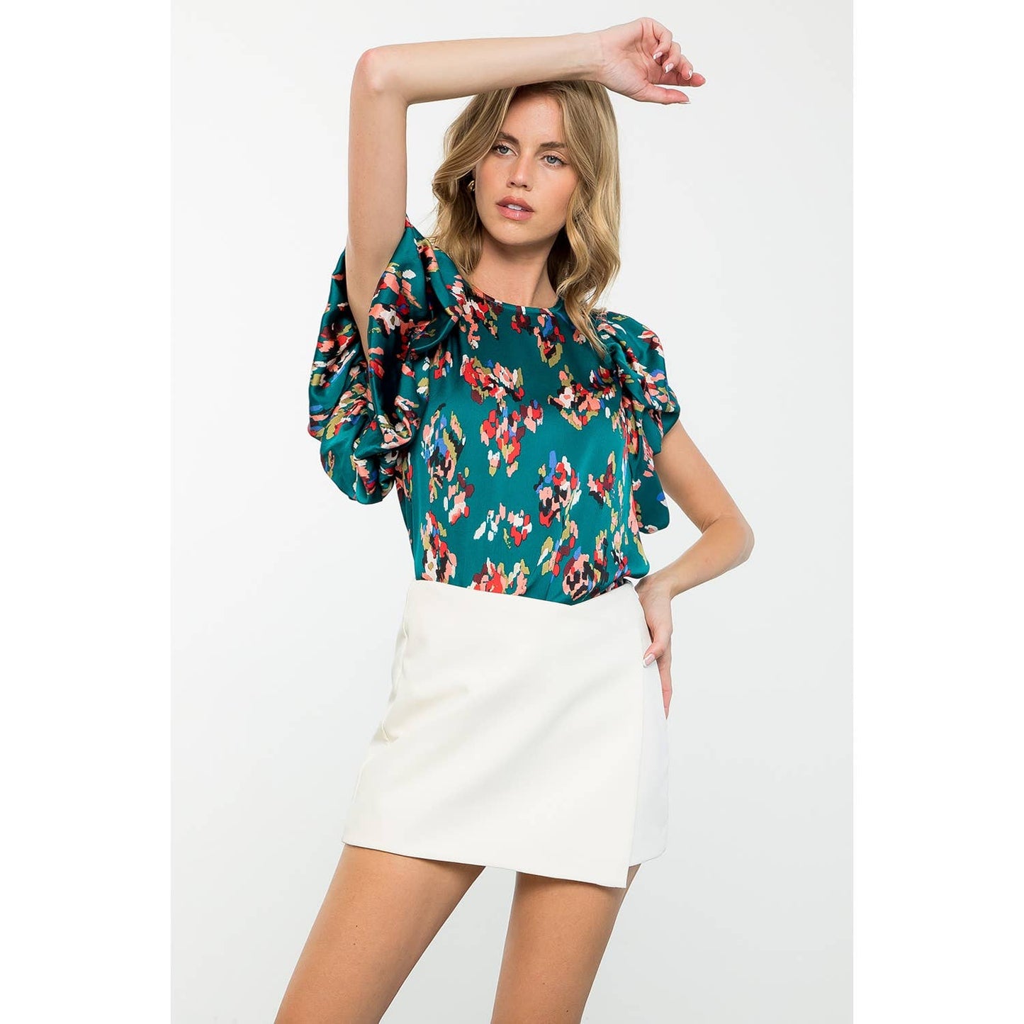 Ruffle Detail Teal Puff Sleeve Top with Abstract Print