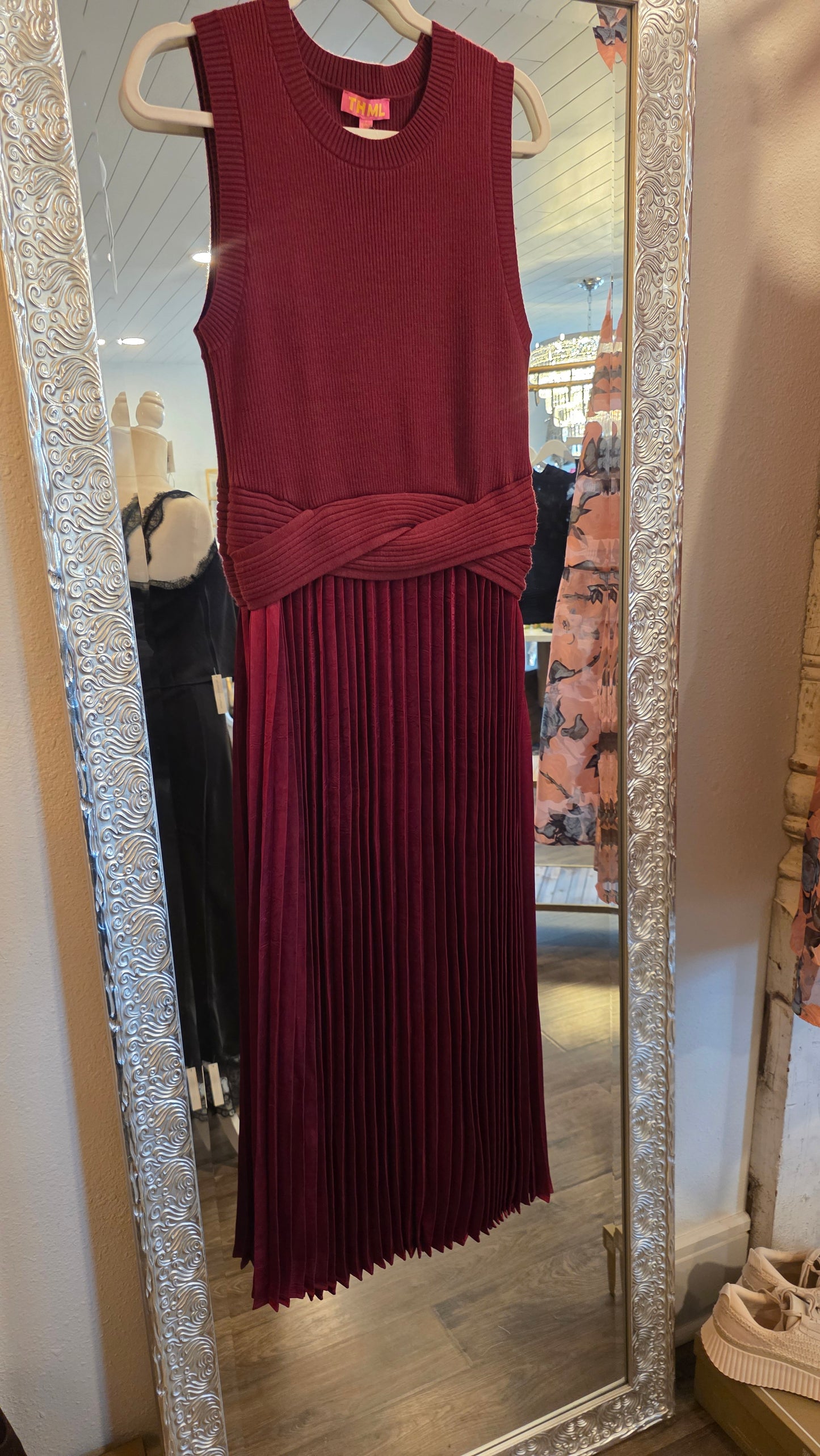 BURGUNDY KNIT AND SATIN DRESS