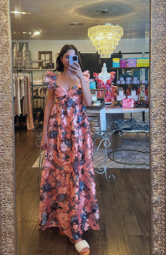 Lilly Sweet Talkin Pink Floral Flutter Sleeve Maxi Dress | Buddy Love