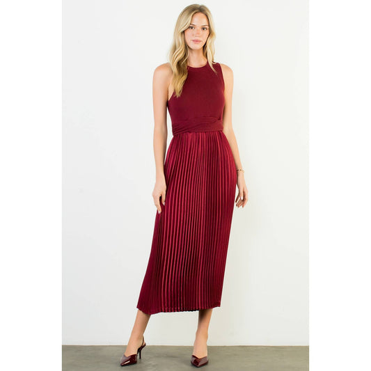 BURGUNDY KNIT AND SATIN DRESS