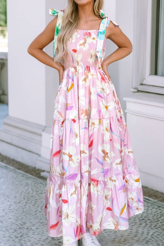 Floral Print Knotted Shoulder Smocked Maxi Dress