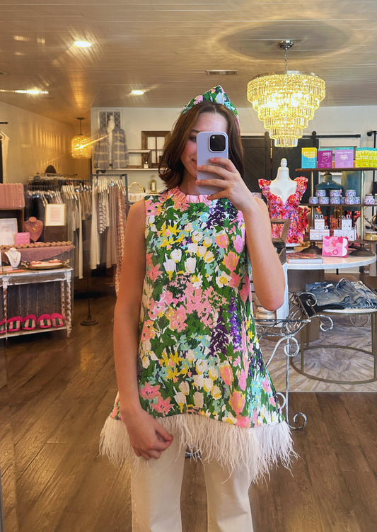 SPARKLING BLOSSOMS TUNIC WITH FEATHERS | BRIANNA CANNON