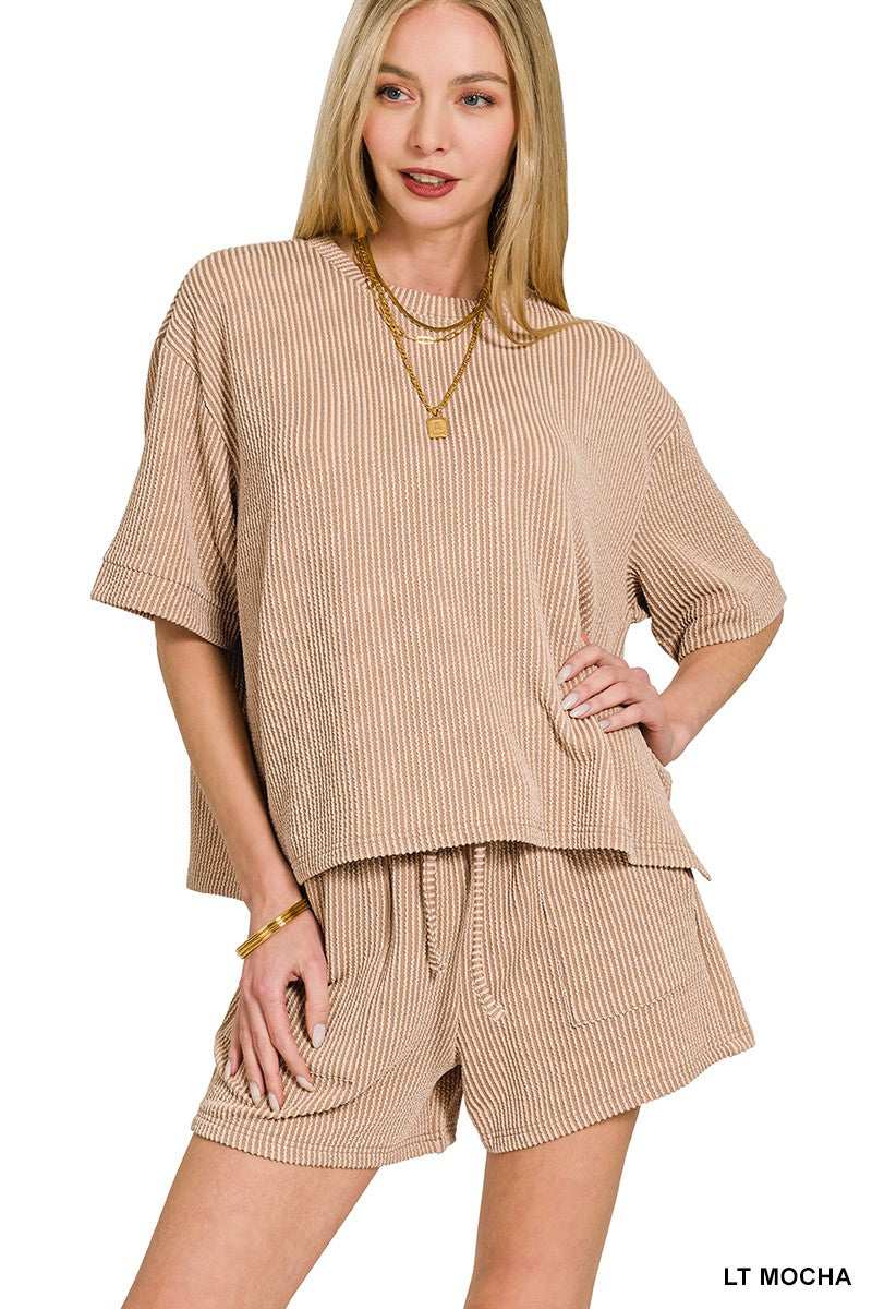 PUT TOGETHER EXCLUSIVE RIBBED SHORT SLEEVE TOP AND SHORT SET | ZENANA