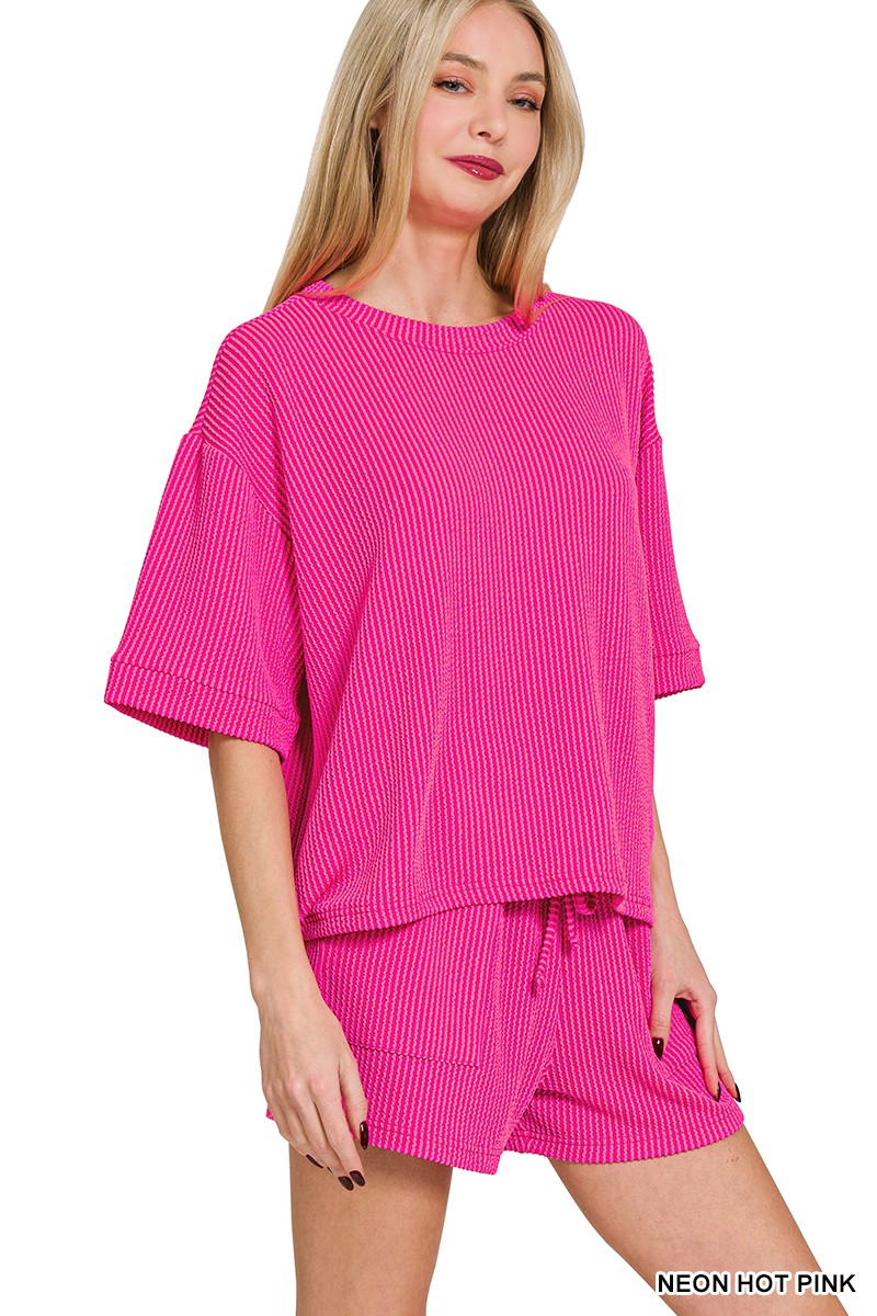 PUT TOGETHER EXCLUSIVE RIBBED SHORT SLEEVE TOP AND SHORT SET | ZENANA