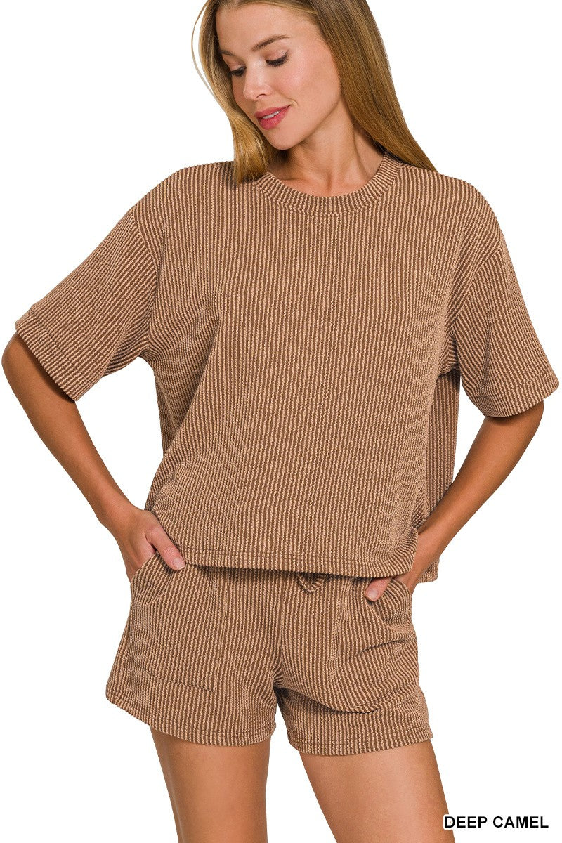 PUT TOGETHER EXCLUSIVE RIBBED SHORT SLEEVE TOP AND SHORT SET | ZENANA