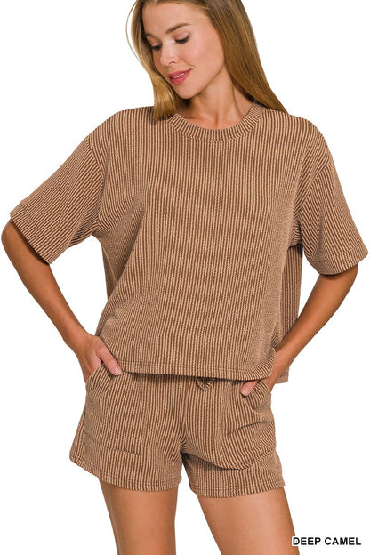 PUT TOGETHER EXCLUSIVE RIBBED SHORT SLEEVE TOP AND SHORT SET | ZENANA
