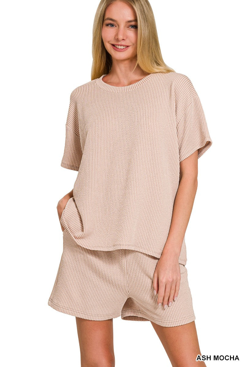 PUT TOGETHER EXCLUSIVE RIBBED SHORT SLEEVE TOP AND SHORT SET | ZENANA