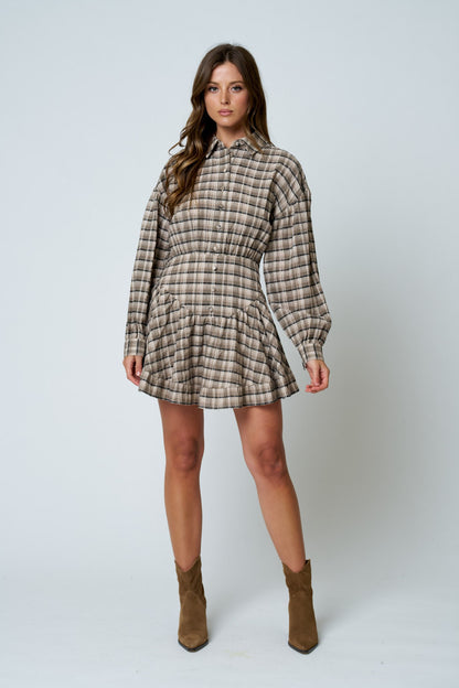 Black Plaid Button Down Basque Waist Mini Dress