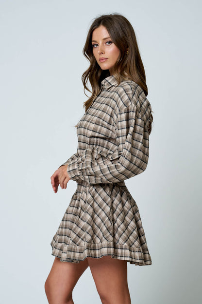 Black Plaid Button Down Basque Waist Mini Dress