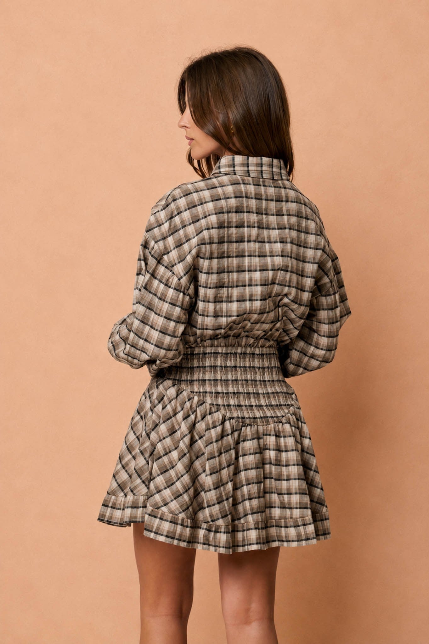 Black Plaid Button Down Basque Waist Mini Dress