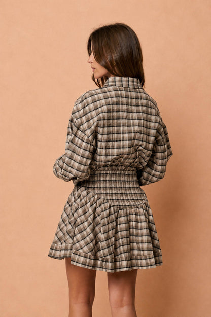 Black Plaid Button Down Basque Waist Mini Dress