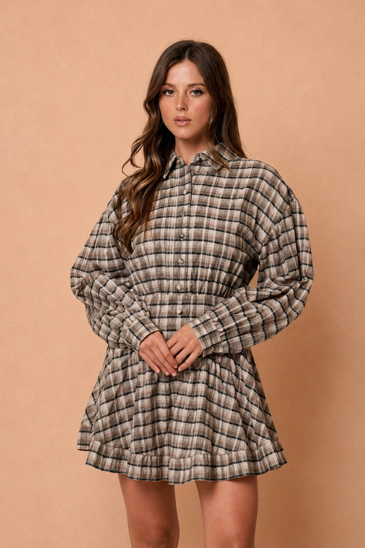Black Plaid Button Down Basque Waist Mini Dress