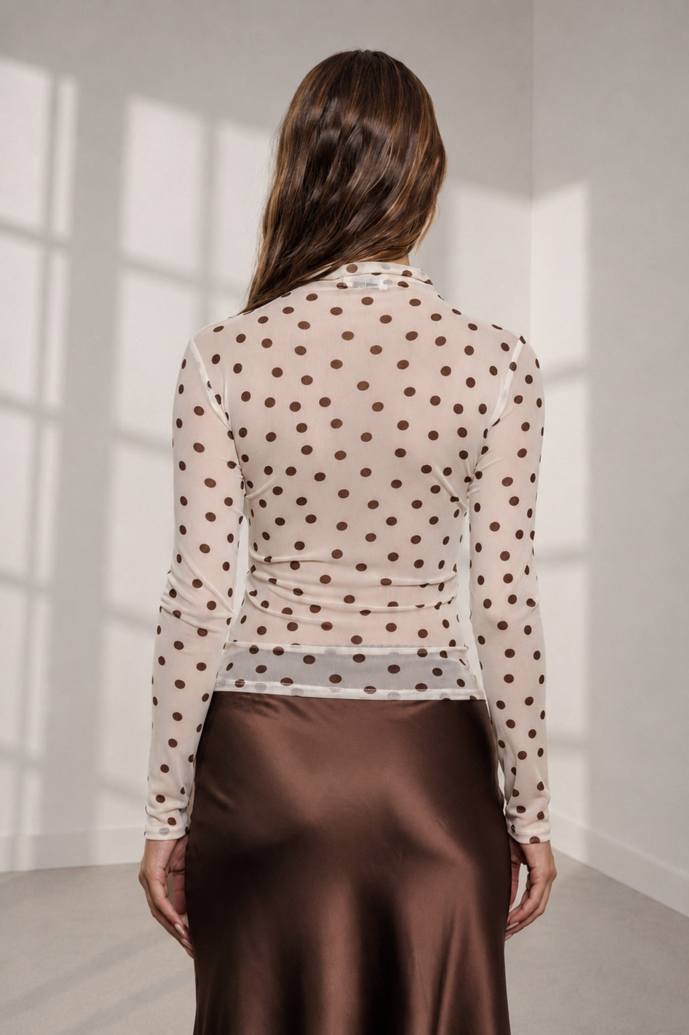 Polka Dot Mesh Mock Neck Top