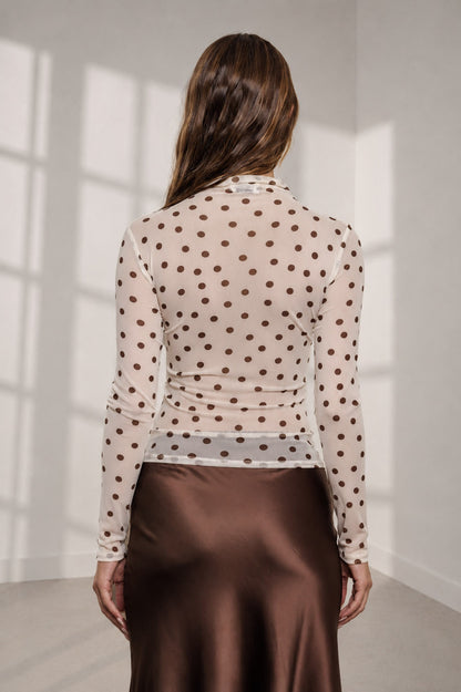 Polka Dot Mesh Mock Neck Top