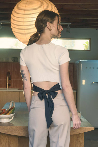 BACK TIE SHORT SLEEVE SWEATER KNIT CROP TOP