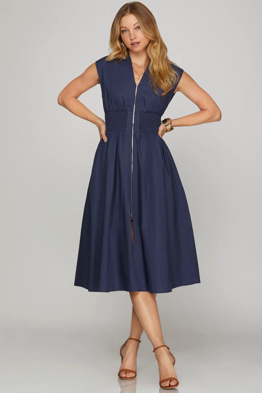 MIDI ZIP UP DRESS | NAVY