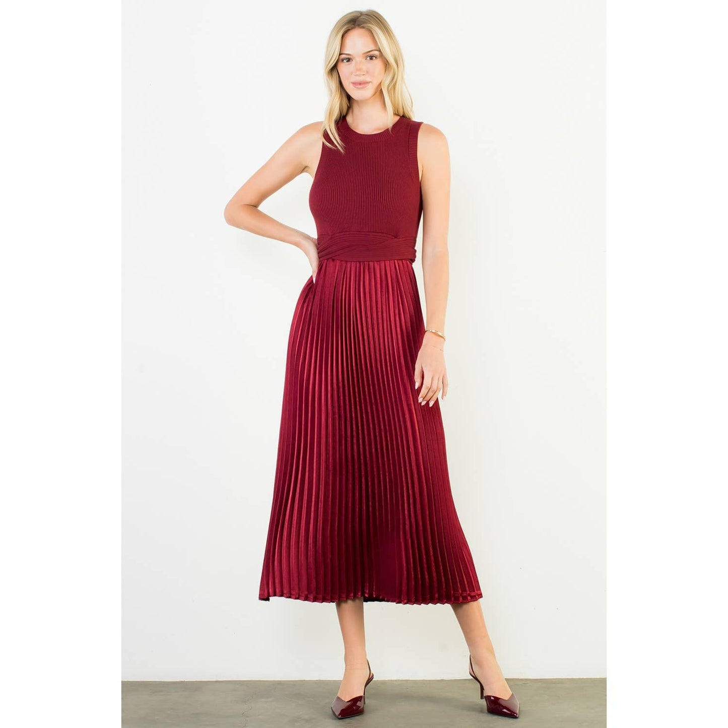 BURGUNDY KNIT AND SATIN DRESS