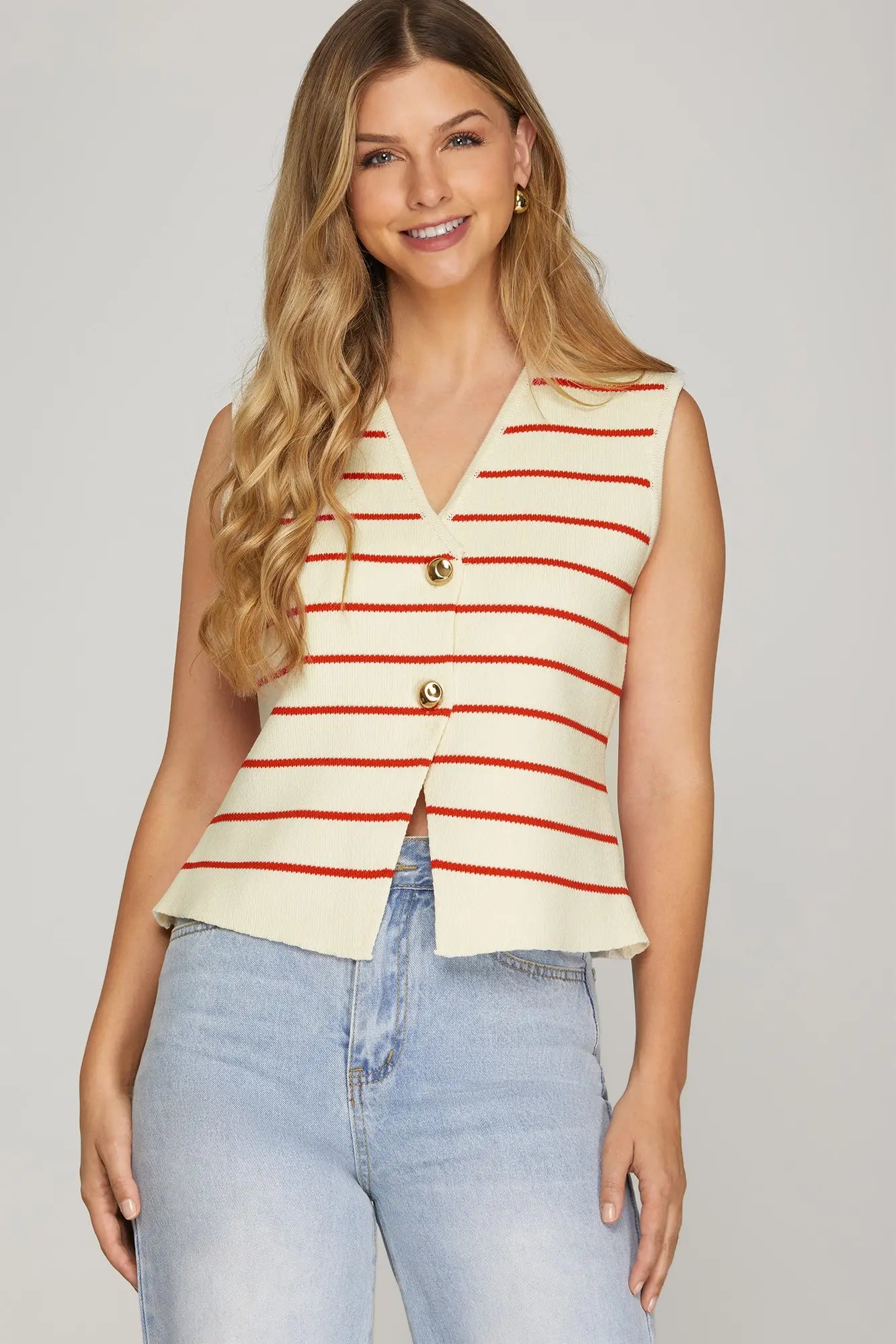 SLEEVELESS GOLD BUTTON STRIPED KNIT SWEATER VEST
