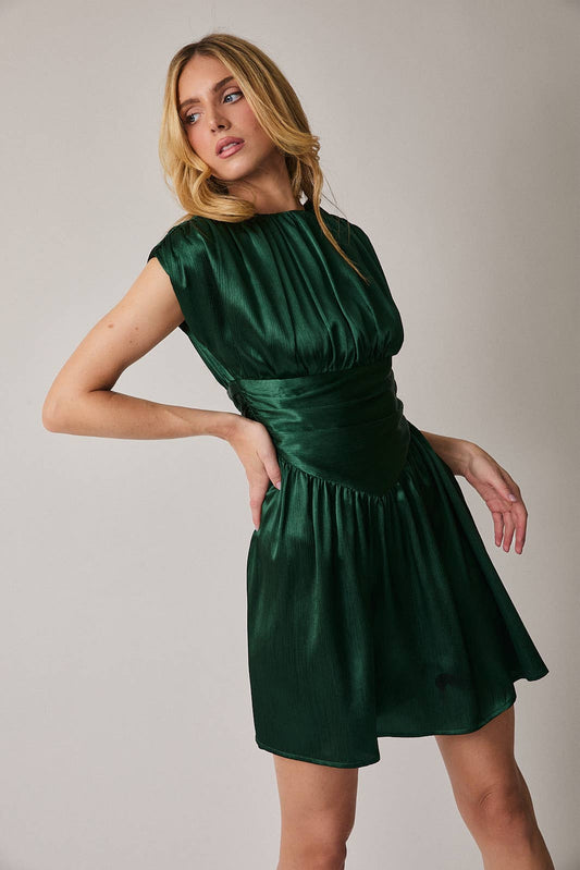 ROUND NECK SLEEVELESS SATIN RUCHED FIT & FLARE MINI DRESS