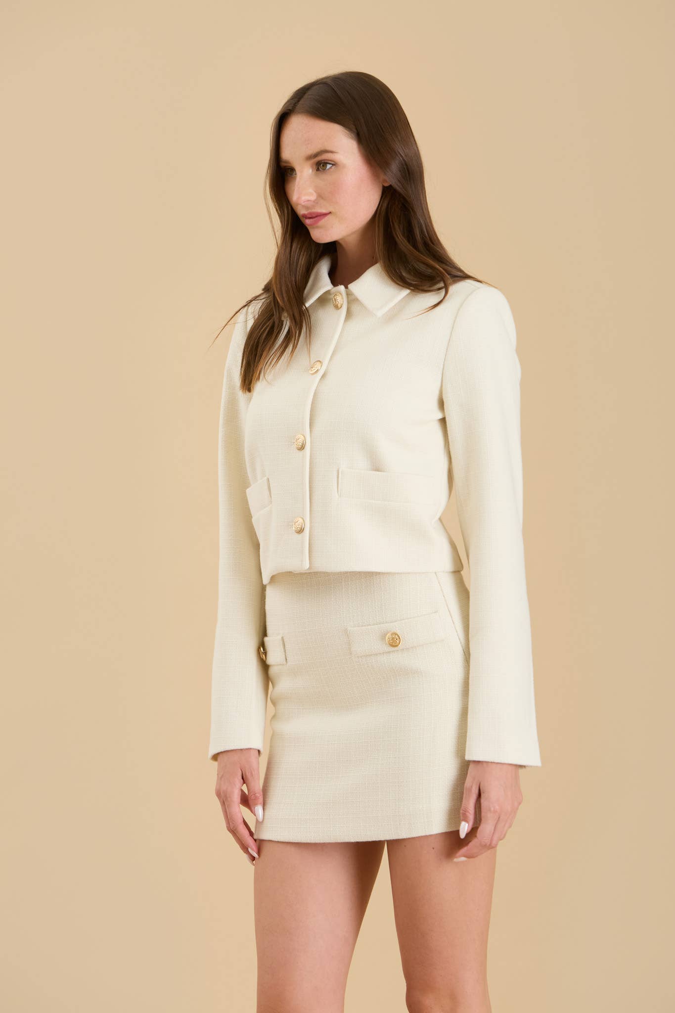 SOLID TWEED GOLD BUTTON ACCENT MINI SKIRT