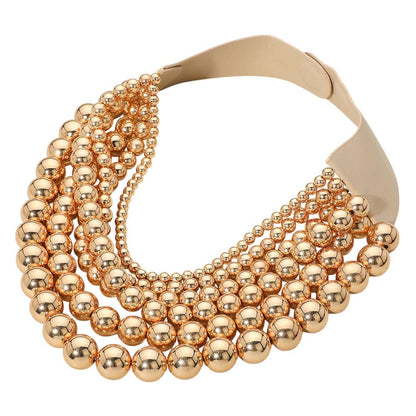 Chunky Metal Ball Beaded Multi Layered Faux Leather Magnetic Necklace