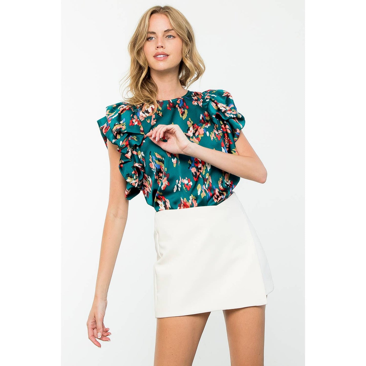 Ruffle Detail Teal Puff Sleeve Top with Abstract Print