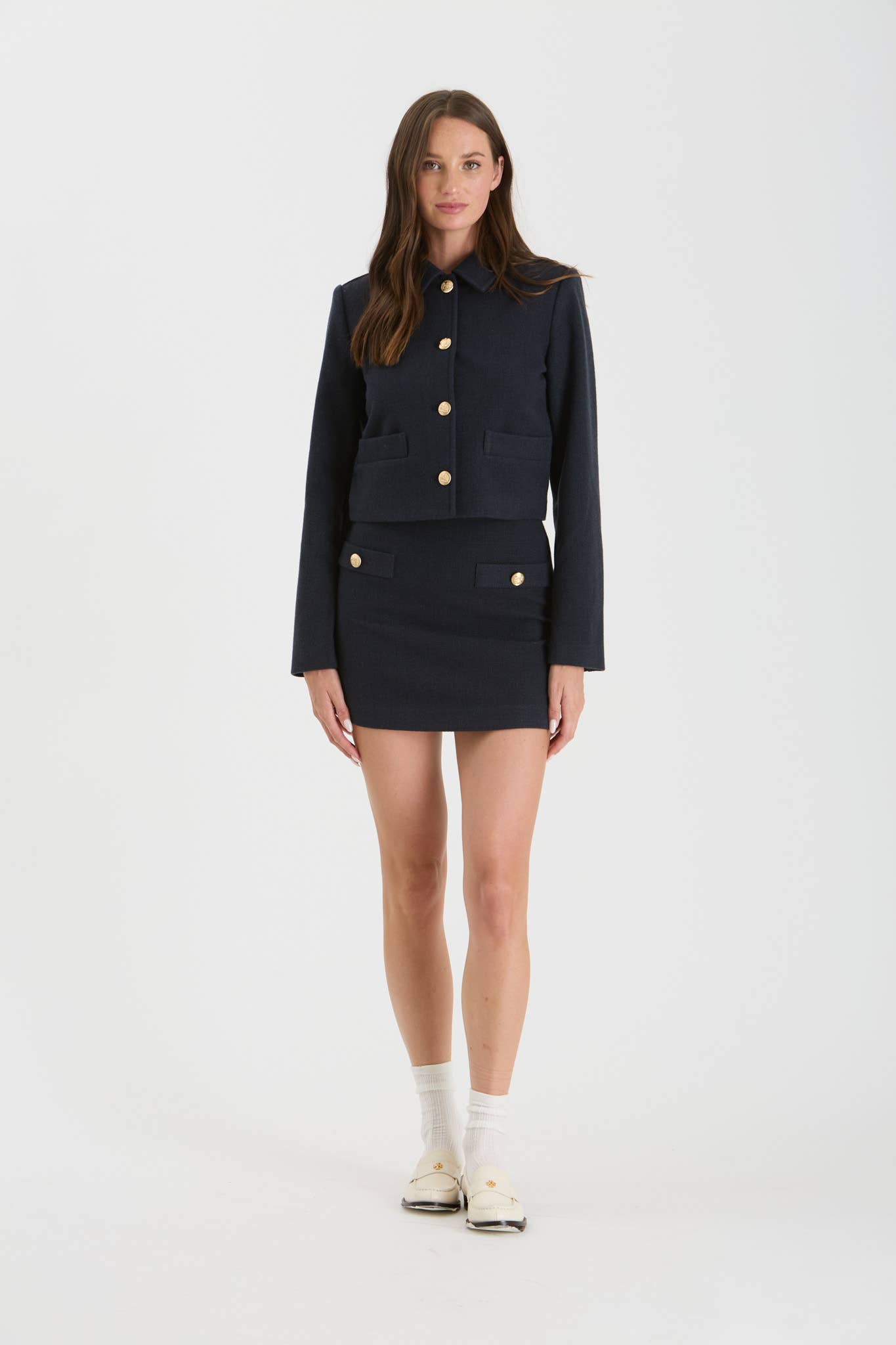 SOLID TWEED GOLD BUTTON ACCENT MINI SKIRT