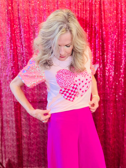 HEART ON PINK SEQUIN SLEEVE TOP