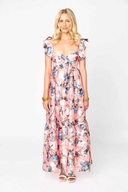 LILLY SWEET TALKIN PINK FLORAL FLUTTER SLEEVE MAXI DRESS | BUDDY LOVE