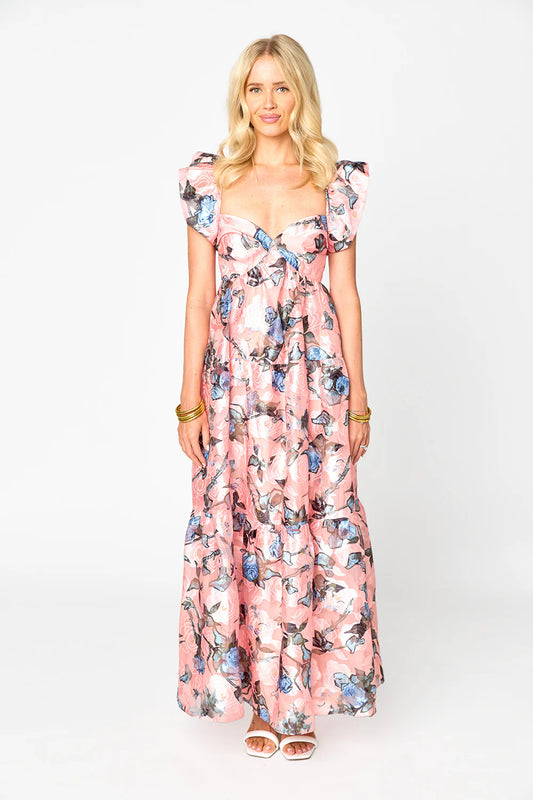 LILLY SWEET TALKIN PINK FLORAL FLUTTER SLEEVE MAXI DRESS | BUDDY LOVE