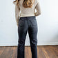 straight leg black denim with ripped knees