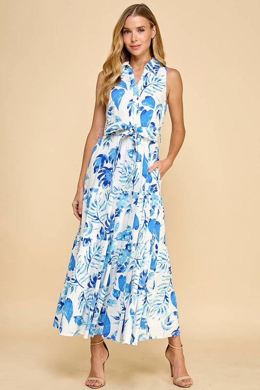 PALM LEAVES PRINT COLLARED BUTTON UP MIDI DRESS