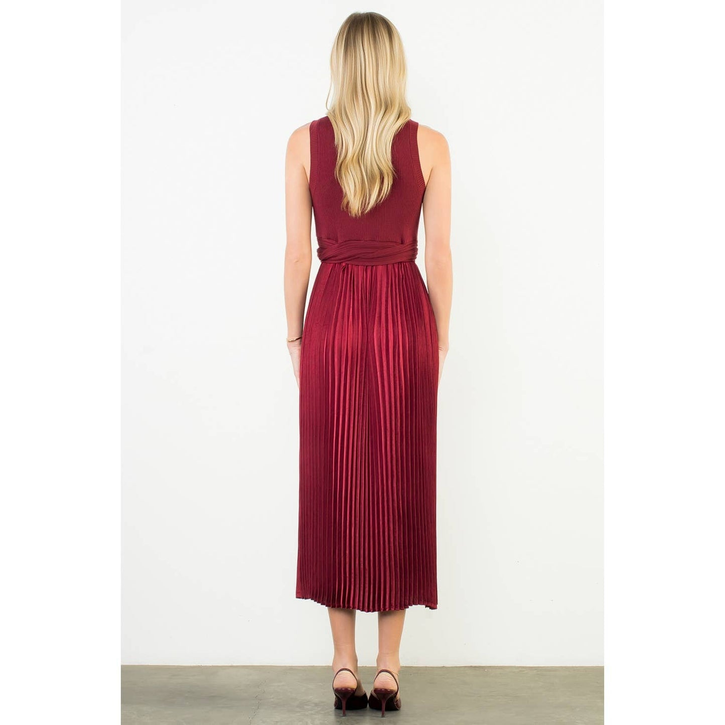BURGUNDY KNIT AND SATIN DRESS