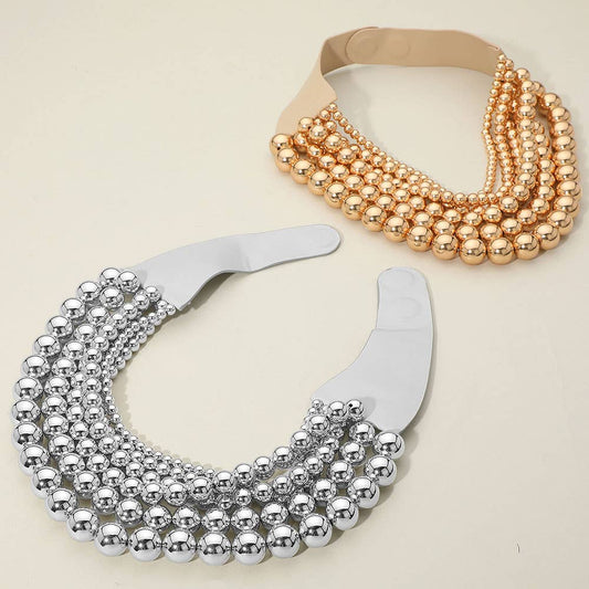 Chunky Metal Ball Beaded Multi Layered Faux Leather Magnetic Necklace