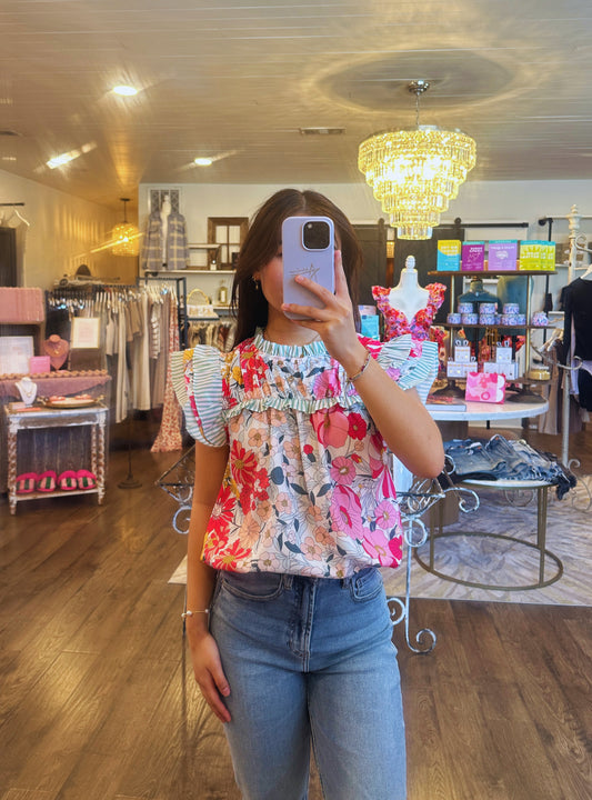 Floral Print | Ruffle Trim Short Sleeve Blouse