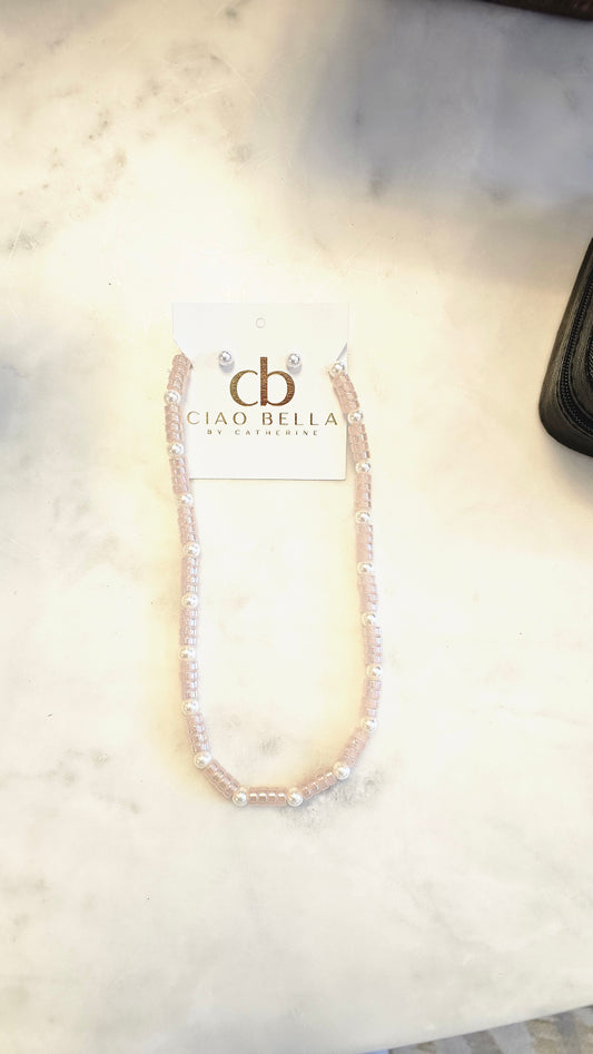 PINK AND PEARL NECKLACE & EARRING SET